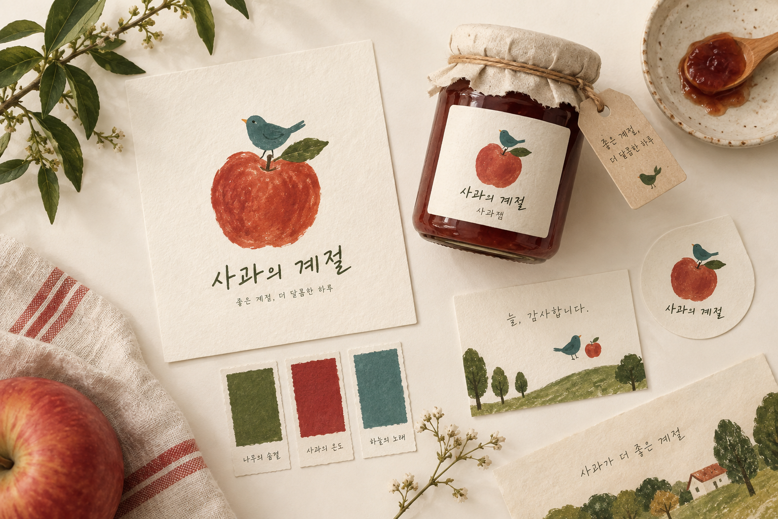 사과의 계절 — 일러스트 로고 · 컬러 구성 · 라벨 · 감사 카드