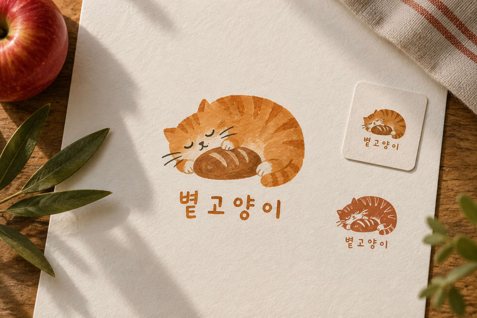 볕고양이 — 일러스트 로고 · 단색 로고 · 스티커 활용