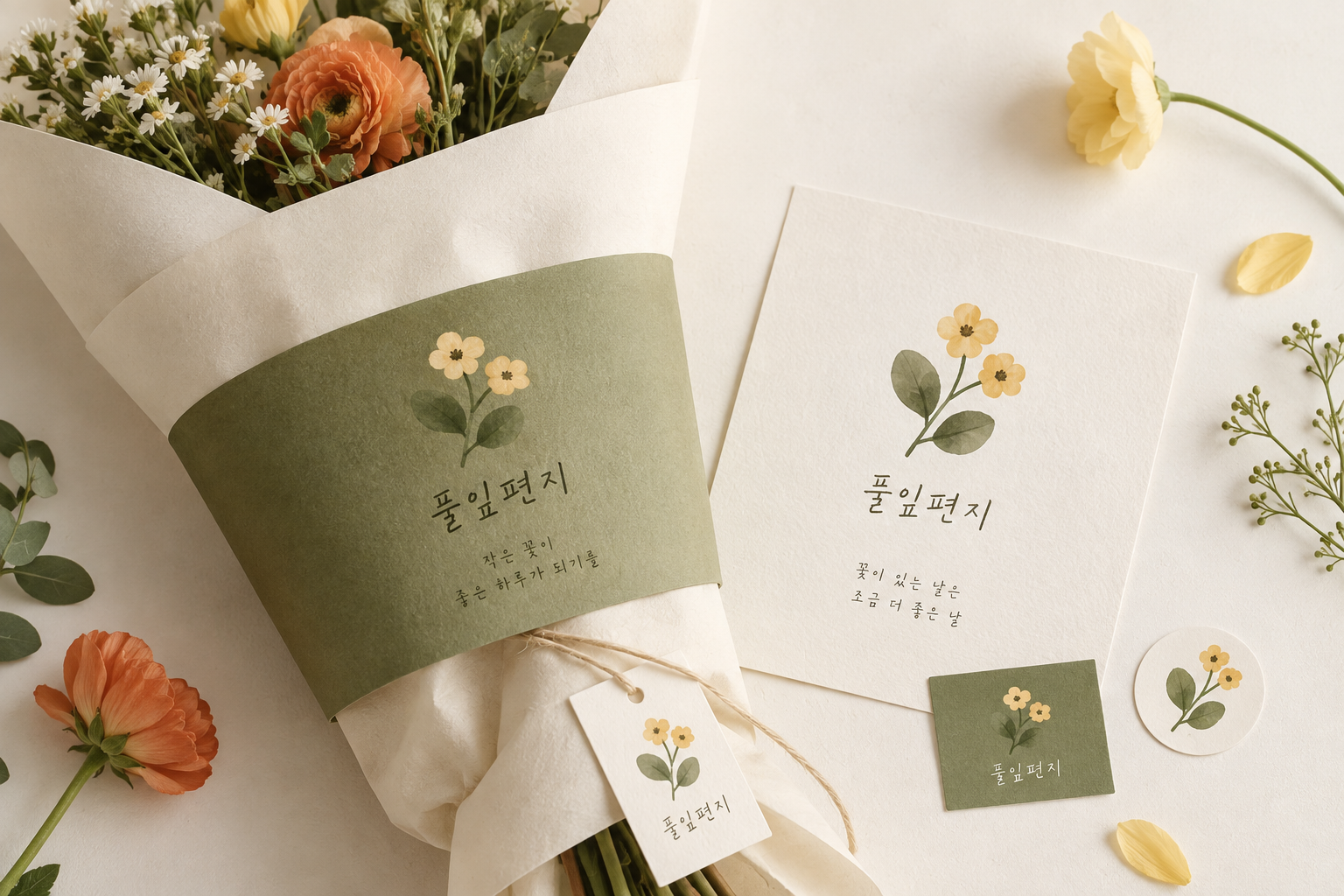 풀잎편지 — 꽃 포장 · 종이 띠 · 메시지 카드 · 태그
